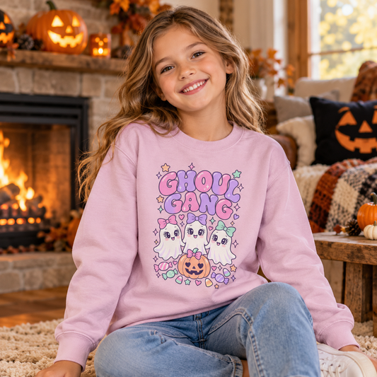 Ghoul Gang Girls' Halloween Sweatshirt, lifestyle model in a cosy cottage indoors by fireplace.