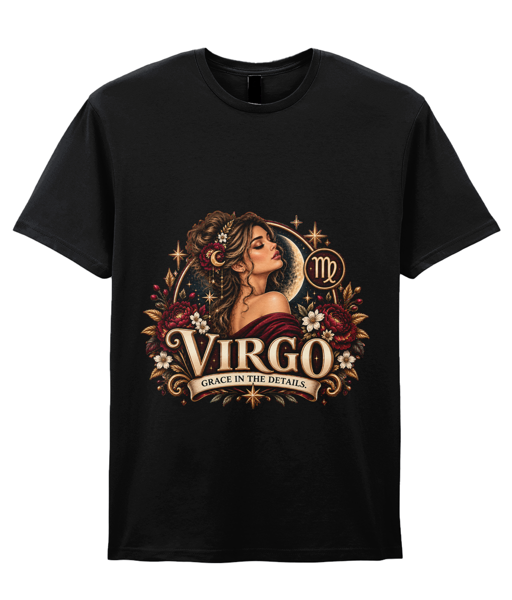 Virgo Grace in the Details Women's T-Shirt – Burgundy in Black – front view of the Virgo graphic print