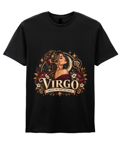 Virgo Grace in the Details Women's T-Shirt – Burgundy in Black – front view of the Virgo graphic print