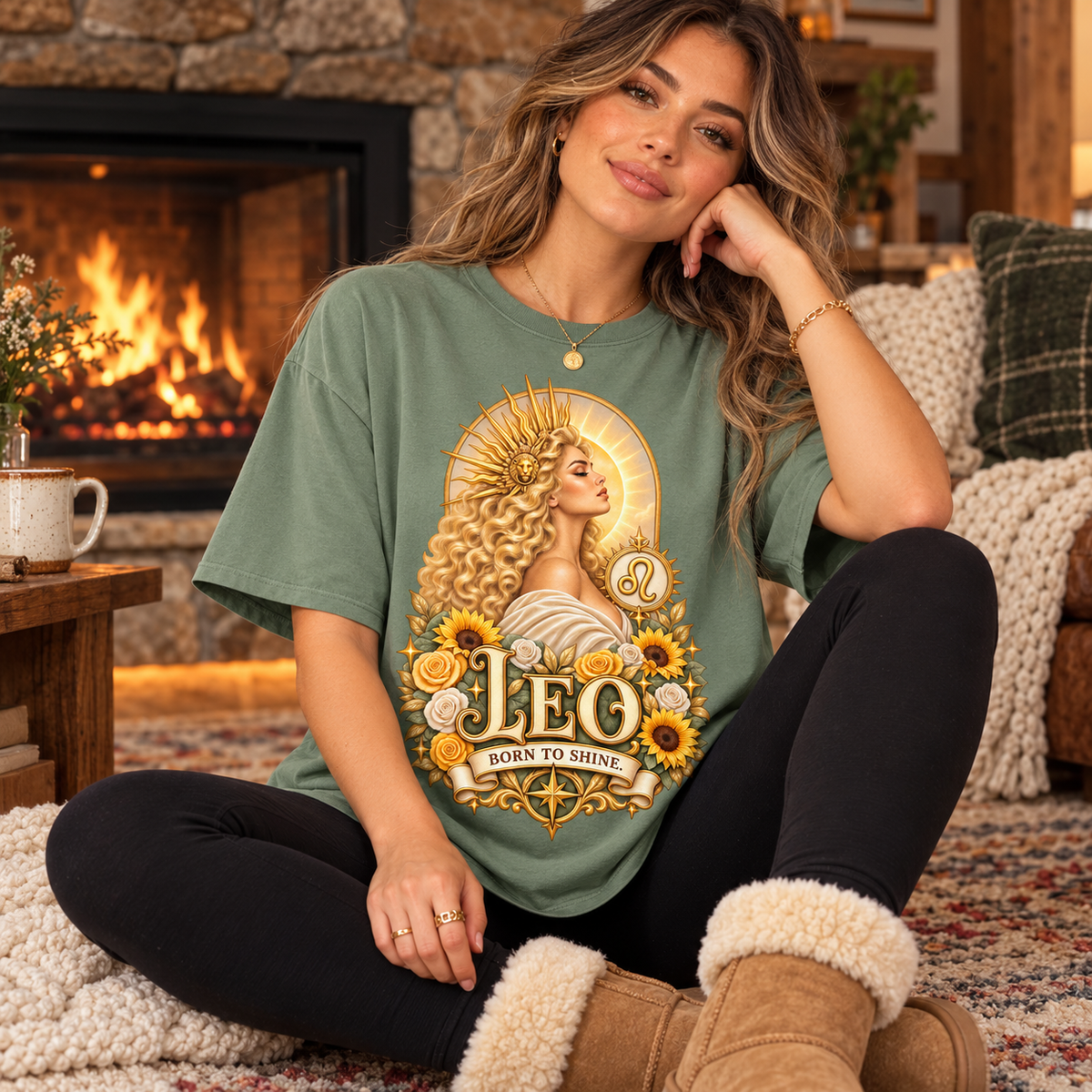 Leo Born to Shine Women's T-Shirt – Light in Sage, model inside a cosy cottage seated beside a fireplace