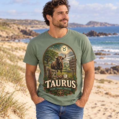 Taurus Steady Strong Unmoved Men's T-Shirt in Sage, model walking on a sandy Channel Islands beach with dunes and sea