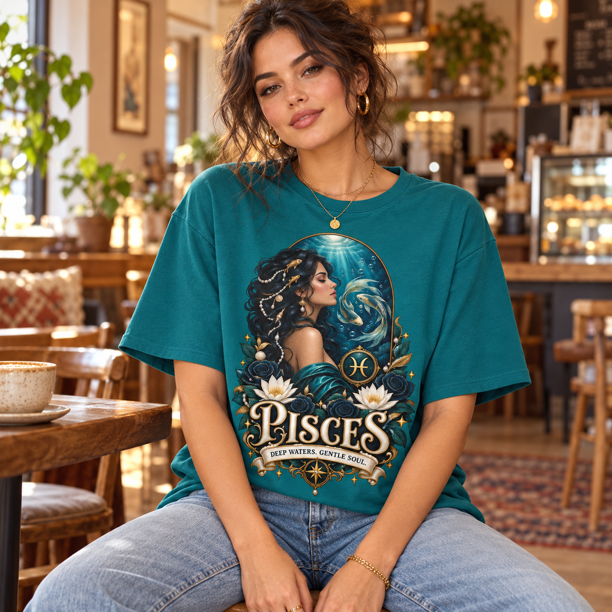 Pisces Deep Waters Gentle Soul Women's T-Shirt – Dark in Jade, model indoors in a warm stylish cafe