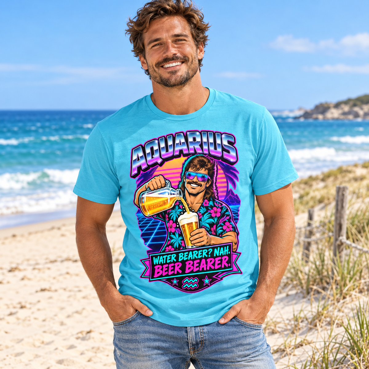 Aquarius Water Bearer? Nah. Beer Bearer Men's T-Shirt, model wearing the original design in a sandy beach beside blue sea and dunes.