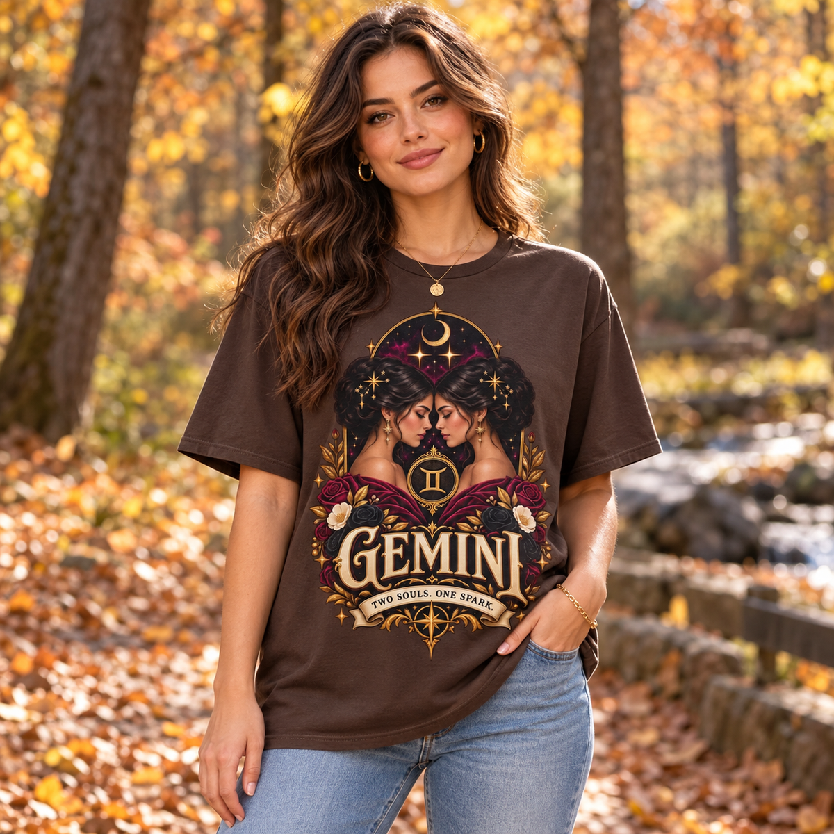 Gemini Two Souls One Spark Women's T-Shirt – Dark in Dark Chocolate, model outdoors in an autumn woodland park