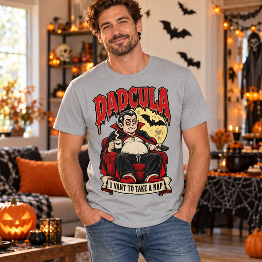 Dadcula Men's Halloween T-Shirt, lifestyle model in a bright homely Halloween party indoors.