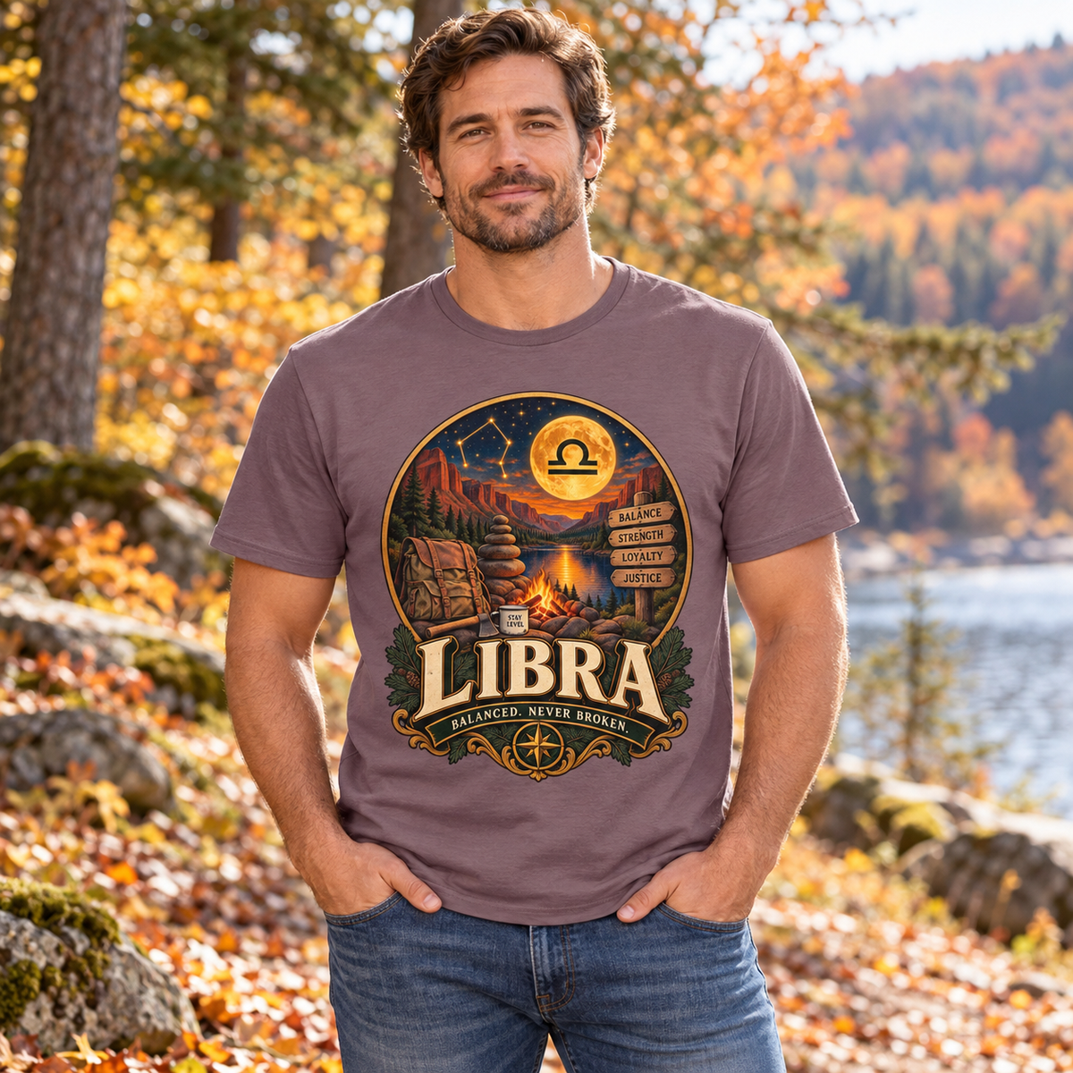 Libra Balanced Never Broken Men's T-Shirt in Paragon, model outdoors in an autumn woodland park