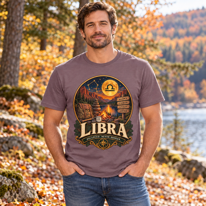 Libra Balanced Never Broken Men's T-Shirt in Paragon, model outdoors in an autumn woodland park