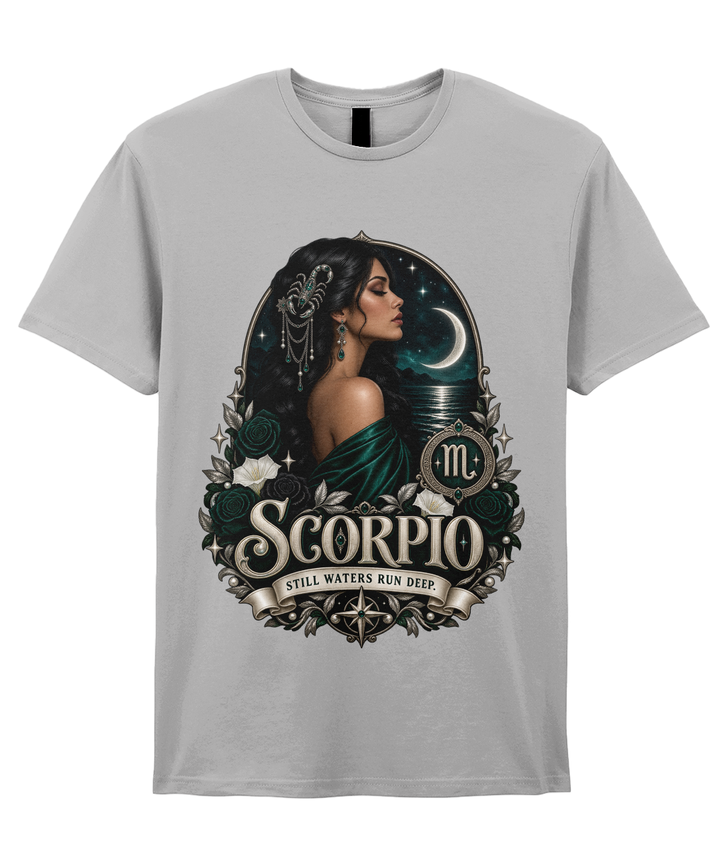 Scorpio Still Waters Run Deep Women's T-Shirt in Sports Grey – front view