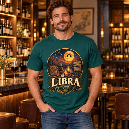 Libra Balanced Never Broken Men's T-Shirt in Fan Marine Green, model indoors in a classy wine bar