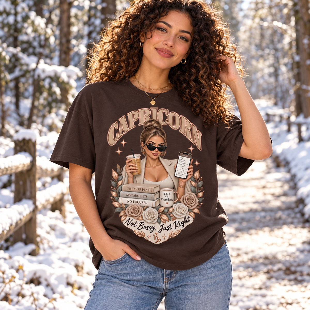 Capricorn Not Bossy Just Right Women's T-Shirt – Light in Dark Chocolate, model outside on a frosty woodland path in crisp winter sunlight
