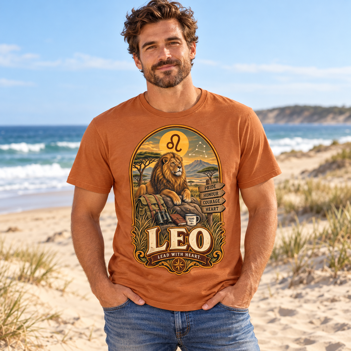 Leo Lead with Heart Men's T-Shirt in Fan Texas Orange, model at a sandy beach with sea and dunes