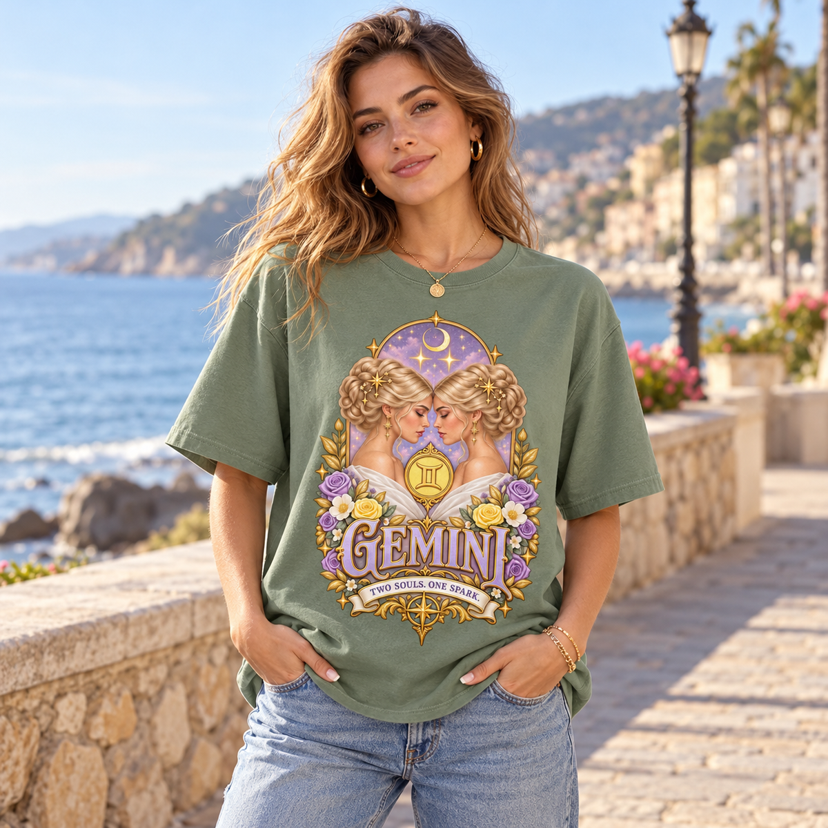 Gemini Two Souls One Spark Women's T-Shirt – Light in Sage, model outdoors on a seaside promenade