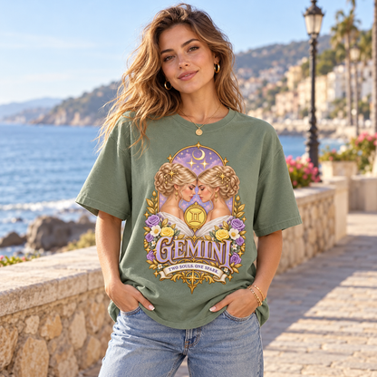 Gemini Two Souls One Spark Women's T-Shirt – Light in Sage, model outdoors on a seaside promenade