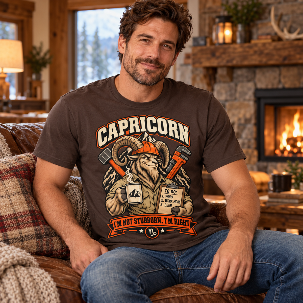 Capricorn I'm Not Stubborn I'm Right Men's T-Shirt in Dark Chocolate, model seated cosily on a sofa beside a fireplace in a warm cottage