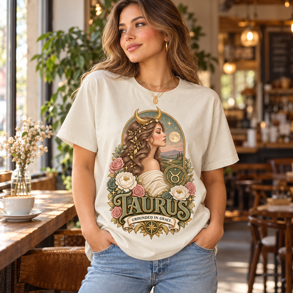 Taurus Grounded in Grace Women's T-Shirt – Light in Natural, model inside a stylish warm independent cafe beside a window