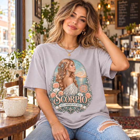 Scorpio Still Waters Run Deep Women's T-Shirt – Light in Ice Grey, model inside a stylish warm independent cafe beside a window