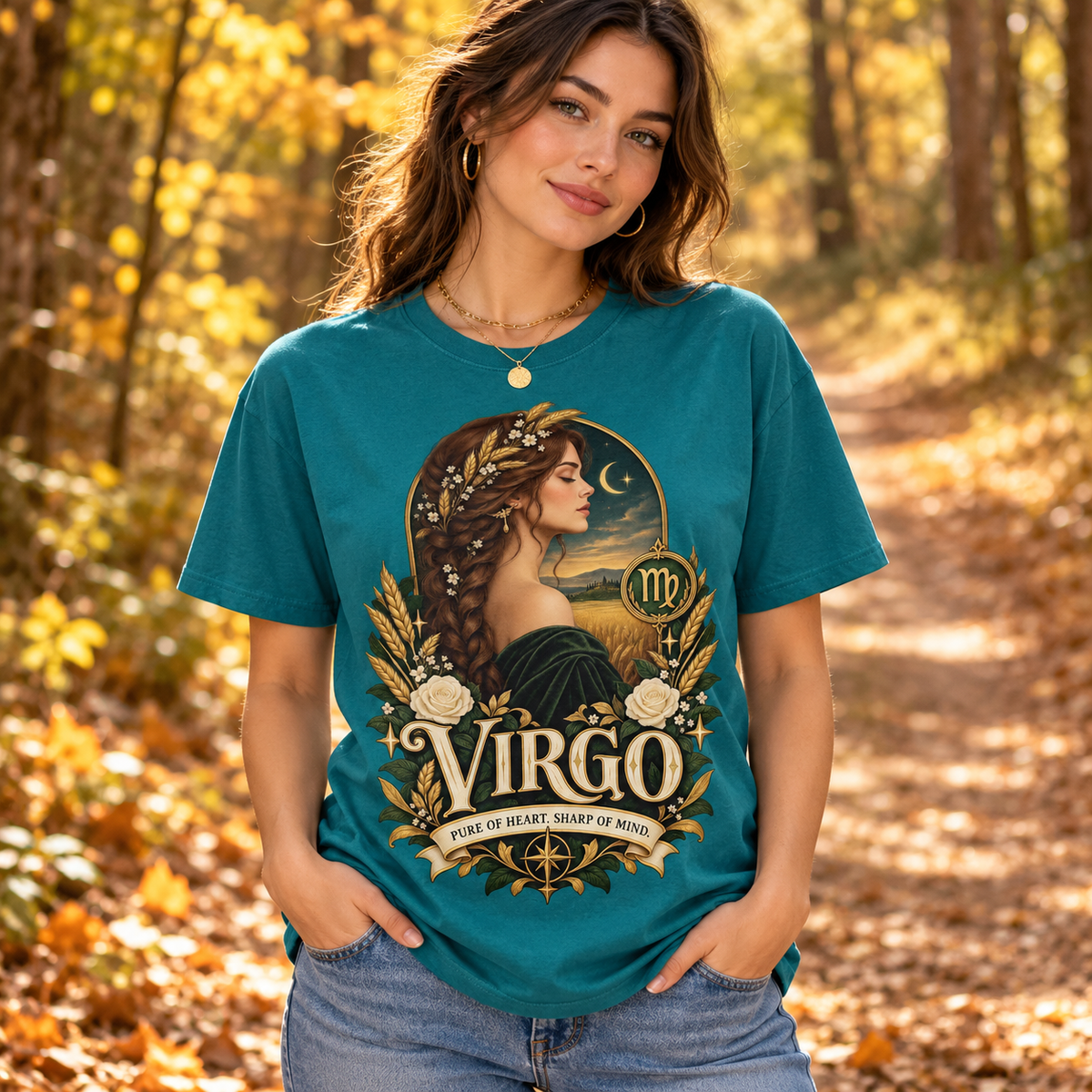 Virgo Pure of Heart Women's T-Shirt – Dark in Jade, model on an autumn woodland path