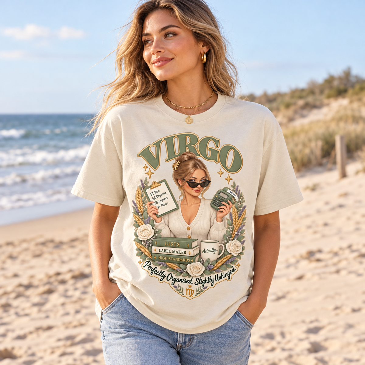Virgo Perfectly Organised Women's T-Shirt – Sage & Cream in Natural, model on a sandy beach