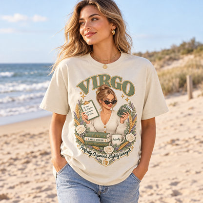 Virgo Perfectly Organised Women's T-Shirt – Sage & Cream in Natural, model on a sandy beach