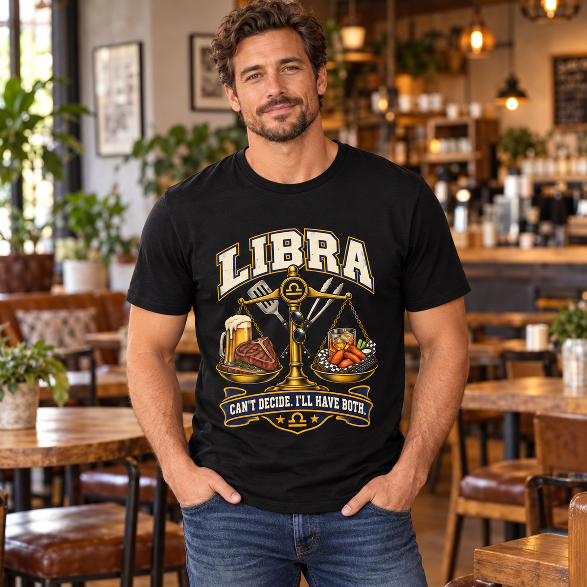 Libra Can't Decide I'll Have Both Men's T-Shirt in Black, model indoors in a warm stylish cafe