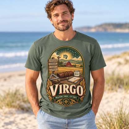 Virgo Measure Twice Men's T-Shirt in Heather Military Green, model on a beach beside the sea