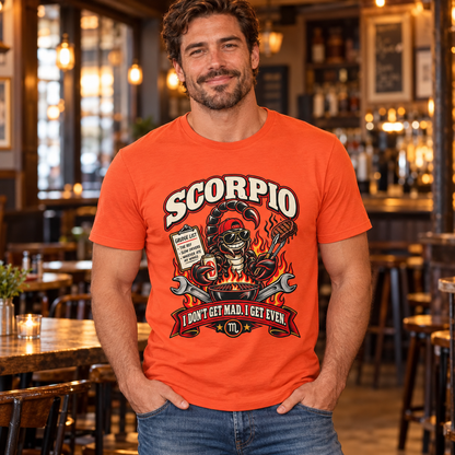 Scorpio I Don't Get Mad I Get Even Men's T-Shirt in Orange, model indoors in a warm contemporary pub with wooden tables