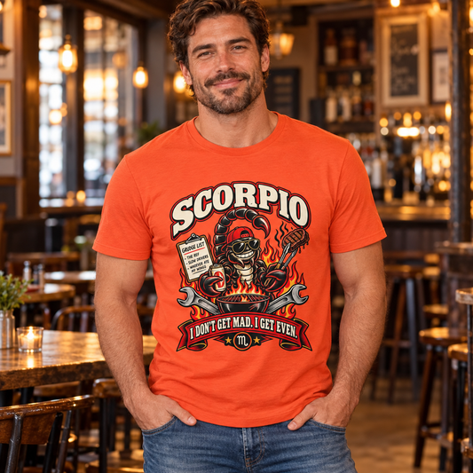 Scorpio I Don't Get Mad I Get Even Men's T-Shirt in Orange, model indoors in a warm contemporary pub with wooden tables