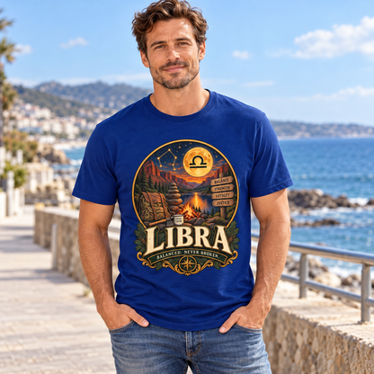 Libra Balanced Never Broken Men's T-Shirt in Fan Deep Royal, model outdoors on a seaside promenade
