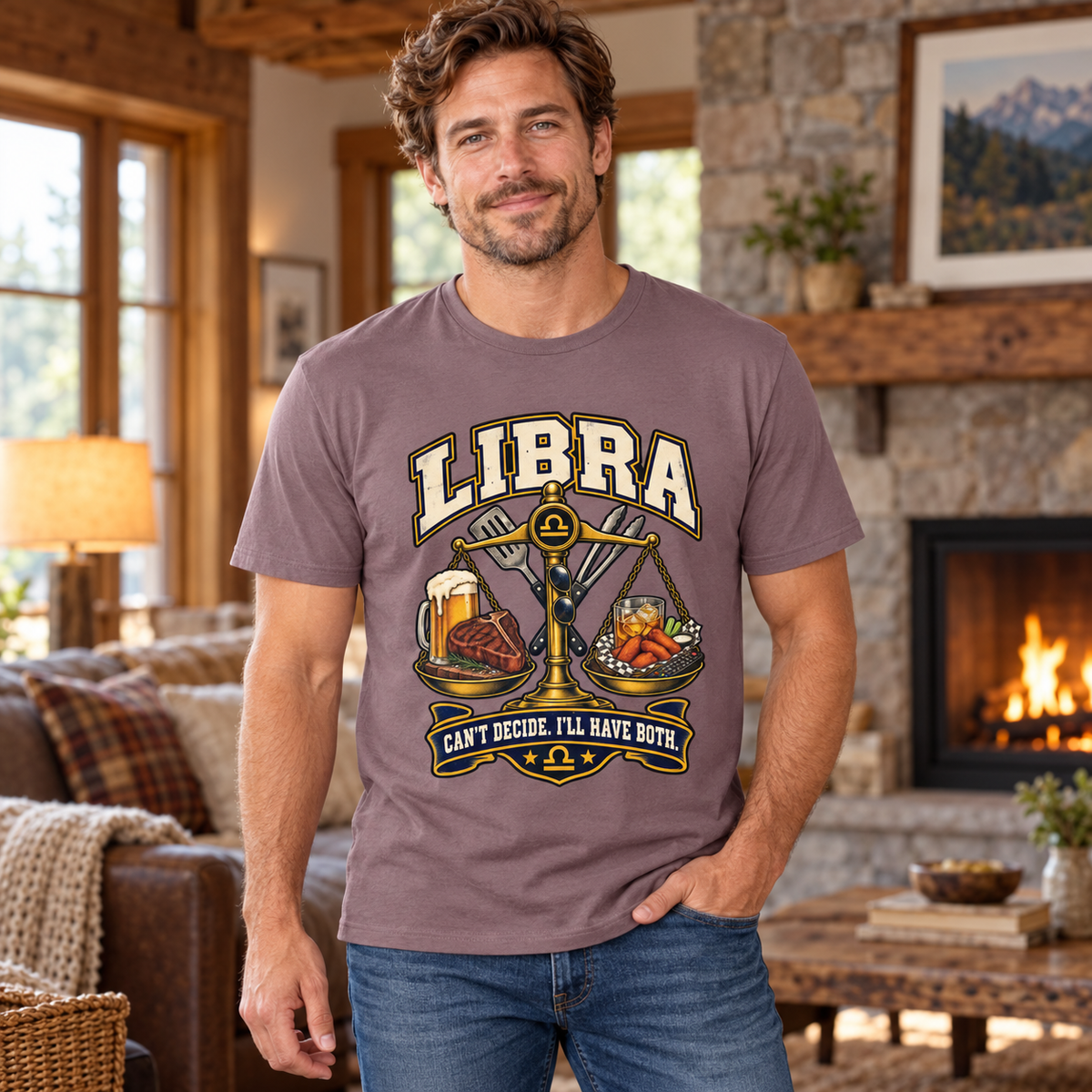 Libra Can't Decide I'll Have Both Men's T-Shirt in Paragon, model inside a cosy cottage living room