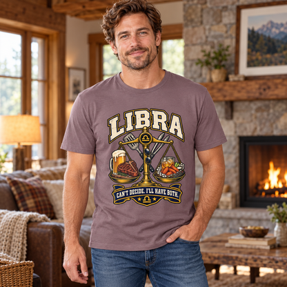 Libra Can't Decide I'll Have Both Men's T-Shirt in Paragon, model inside a cosy cottage living room