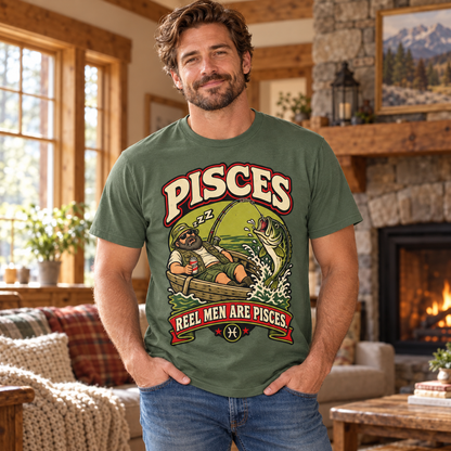 Pisces Reel Men Are Pisces Men's T-Shirt in Military Green, model inside a cosy cottage living room