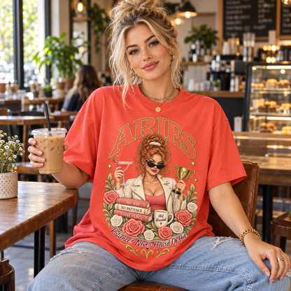 Aries Patience? Never Heard of Her Women's T-Shirt – Light Colours, model wearing the original design in a cosy stylish coffee shop indoors.