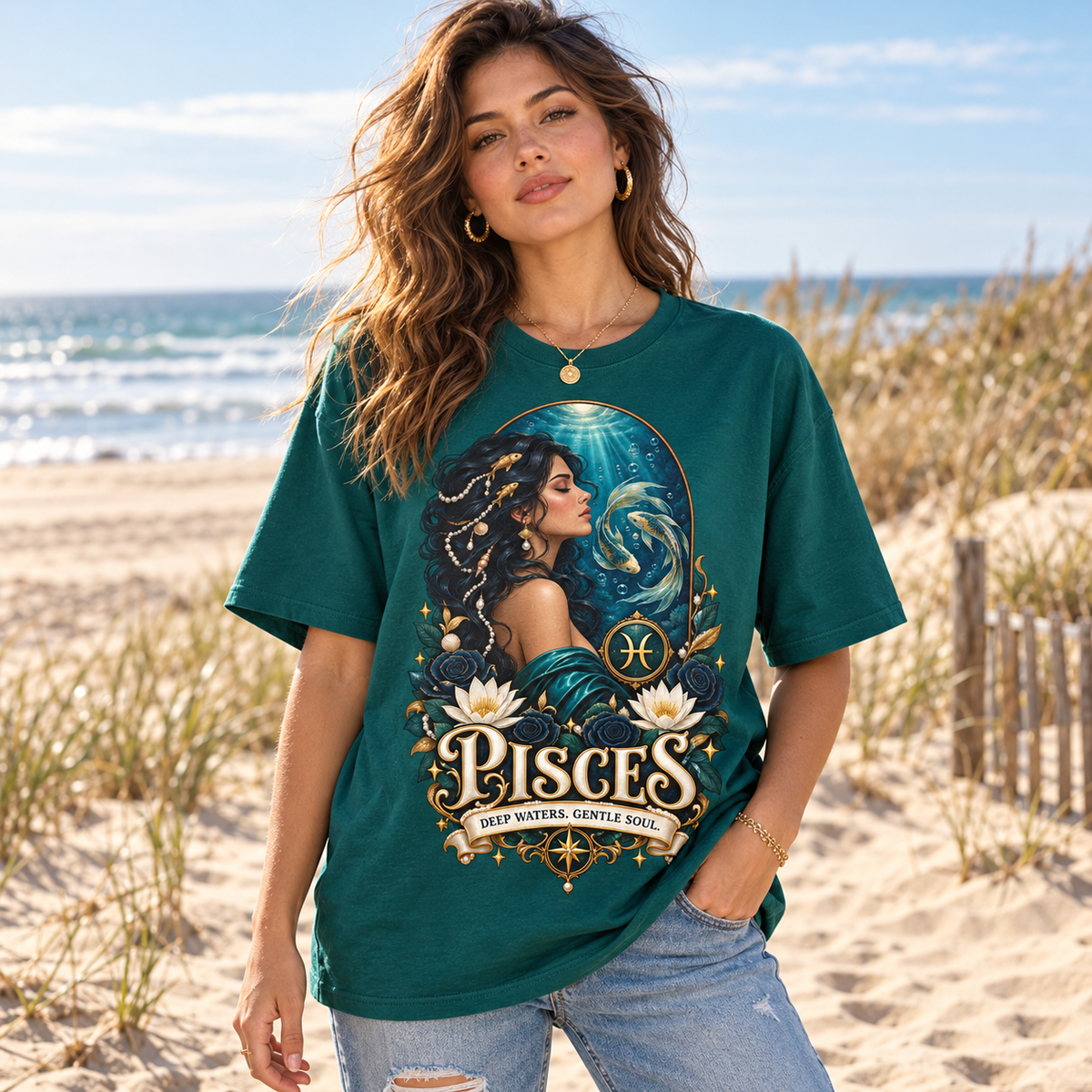 Pisces Deep Waters Gentle Soul Women's T-Shirt – Dark in Fan Marine Green, model at a sandy beach with sea and dunes