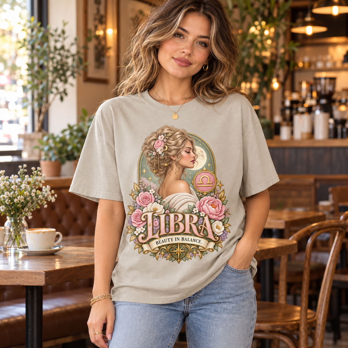 Libra Beauty in Balance Women's T-Shirt – Light in Sand, model indoors in a warm stylish cafe