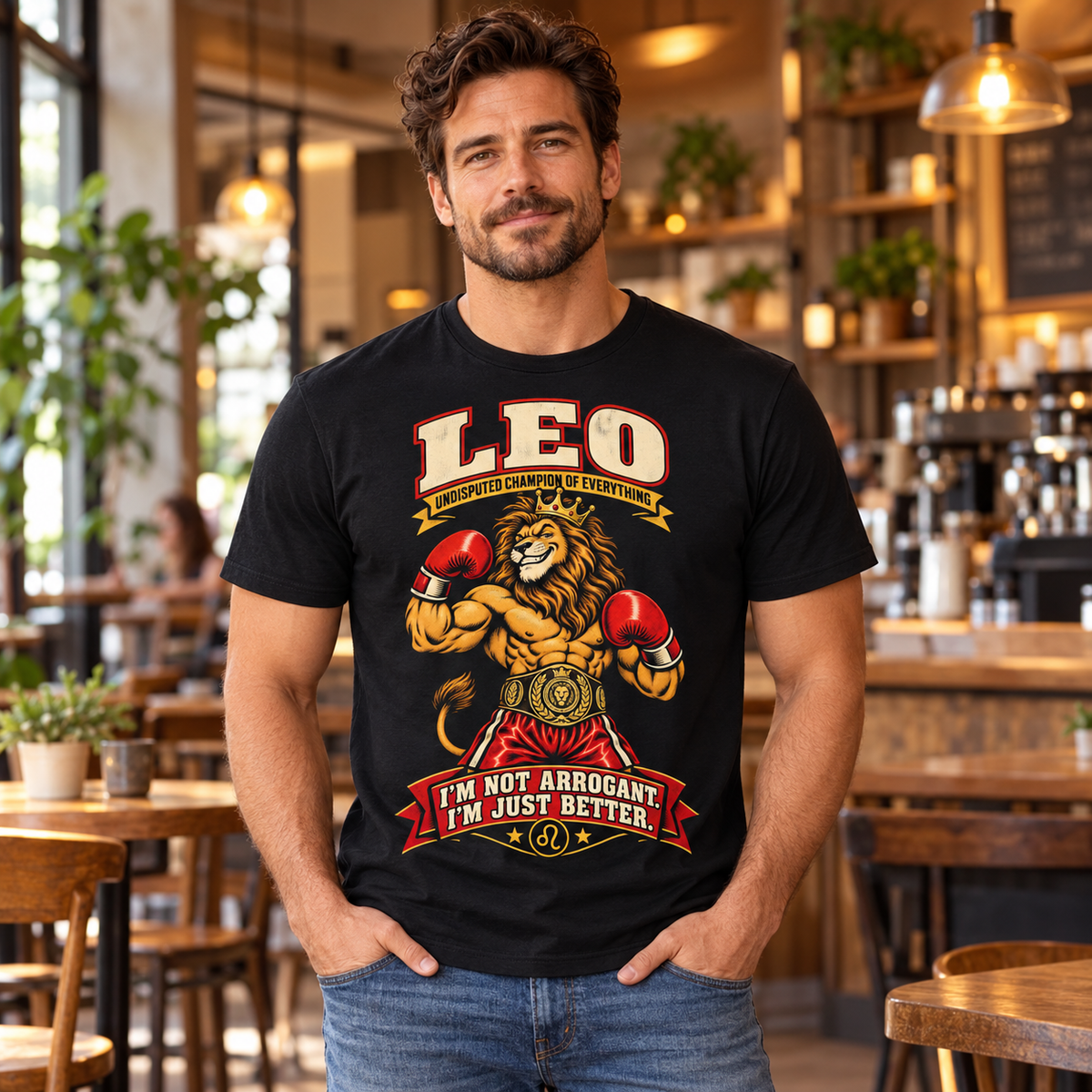Leo I'm Not Arrogant I'm Just Better Men's T-Shirt in Black, model indoors in a stylish warm coffee shop
