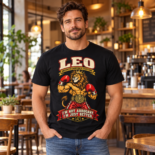 Leo I'm Not Arrogant I'm Just Better Men's T-Shirt in Black, model indoors in a stylish warm coffee shop