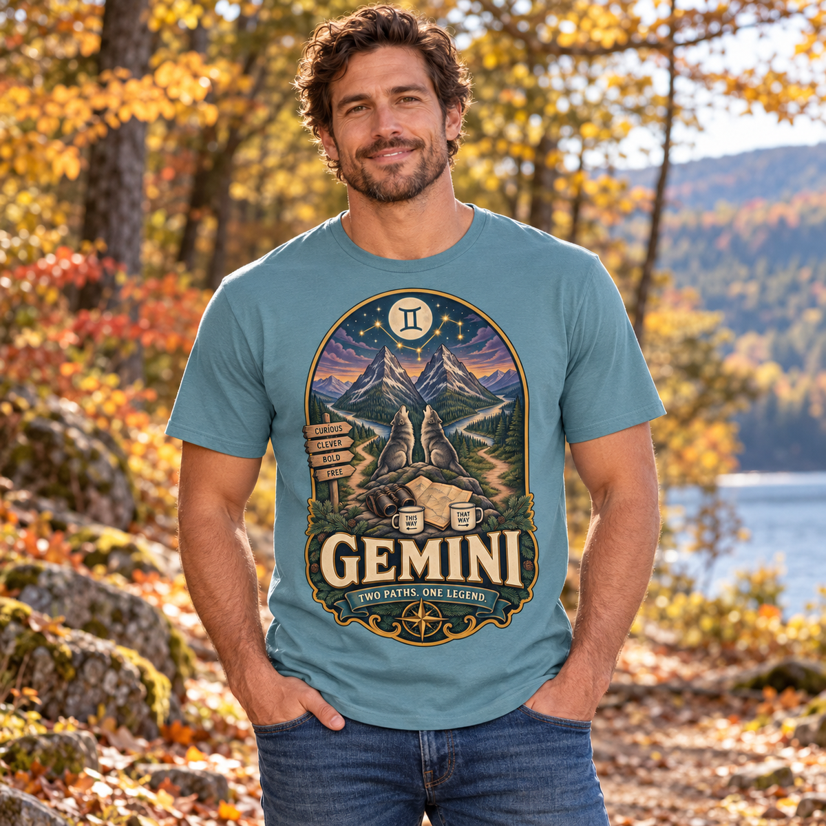 Gemini Two Paths One Legend Men's T-Shirt in Stone Blue, model outdoors in an autumn woodland park