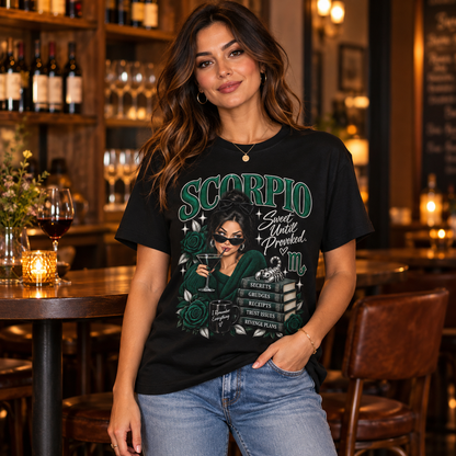 Scorpio Sweet Until Provoked Women's T-Shirt – Dark in Black, model indoors in a cosy wine bar
