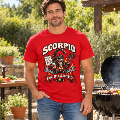 Scorpio I Don't Get Mad I Get Even Men's T-Shirt in Red, model outdoors beside a rustic garden barbecue, no props covering shirt