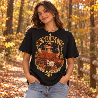 Taurus Stubborn Spoiled Worth It Women's T-Shirt – Dark in Black, model on an autumn woodland path with golden foliage