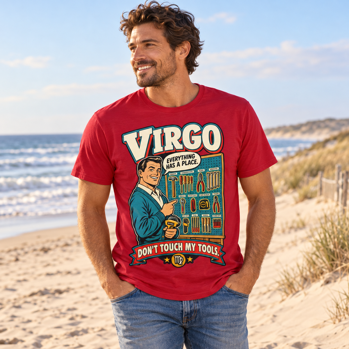 Virgo Don't Touch My Tools Men's T-Shirt in Cherry Red, model on a sandy beach