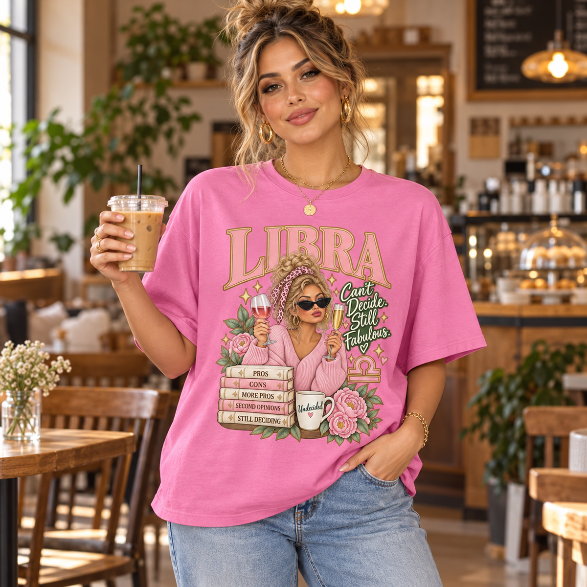 Libra Can't Decide Still Fabulous Women's T-Shirt – Light in Azalea, model indoors in a stylish warm coffee shop