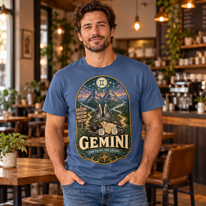 Gemini Two Paths One Legend Men's T-Shirt in Indigo, model indoors in a stylish warm coffee shop