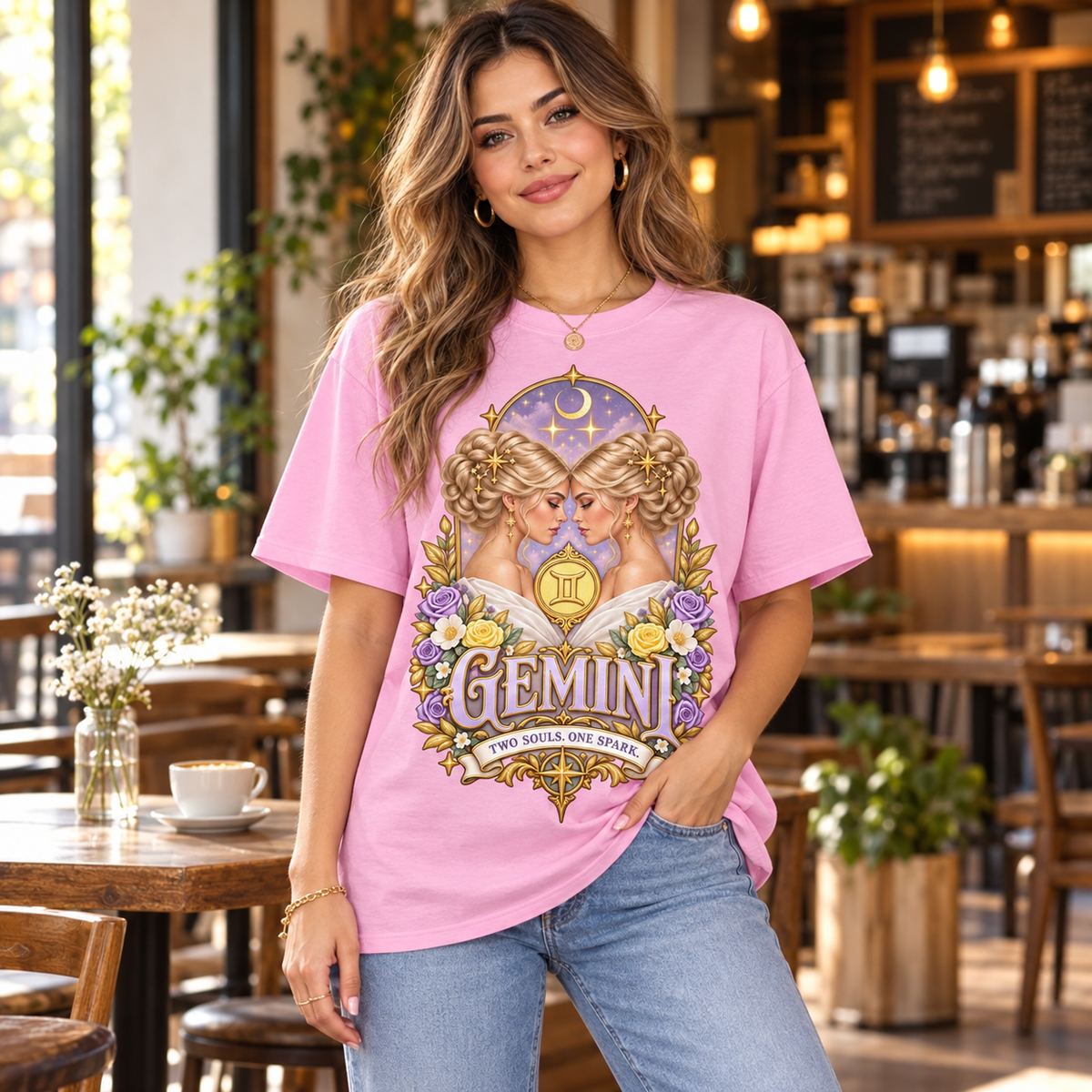 Gemini Two Souls One Spark Women's T-Shirt – Light in Light Pink, model indoors in a stylish warm coffee shop