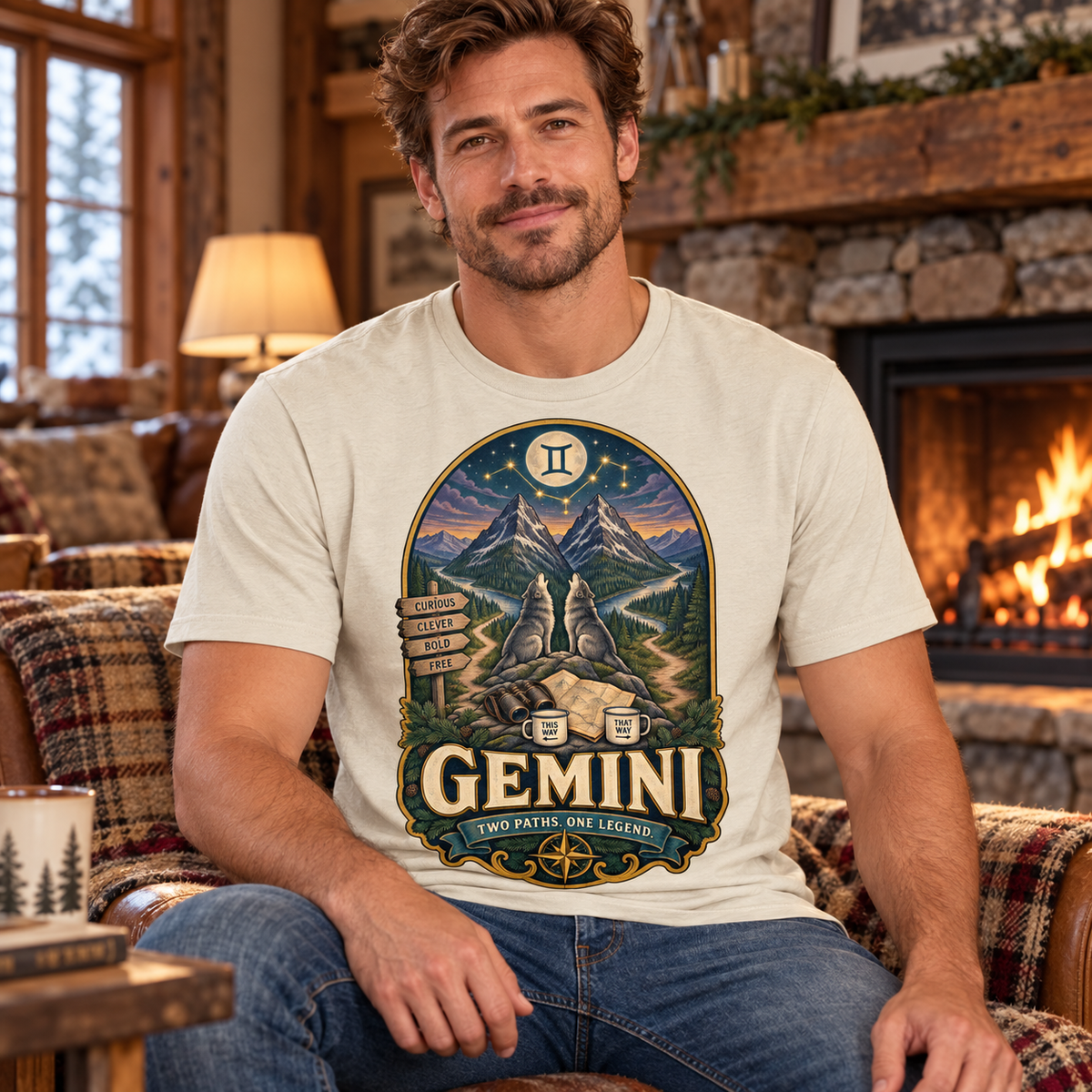 Gemini Two Paths One Legend Men's T-Shirt in Natural, model inside a cosy cottage seated beside a fireplace
