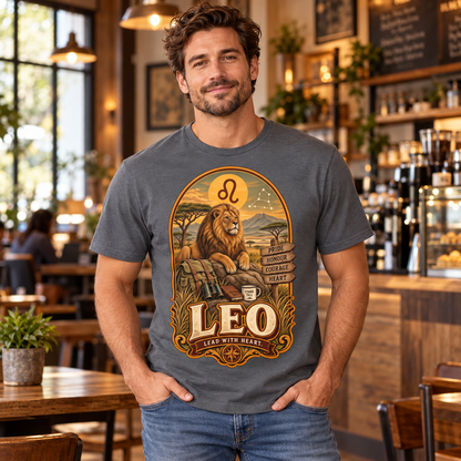 Leo Lead with Heart Men's T-Shirt in Graphite Heather, model indoors in a stylish warm coffee shop