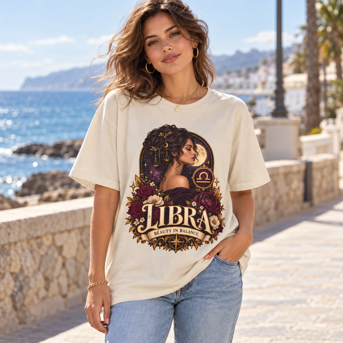 Libra Beauty in Balance Women's T-Shirt – Dark in Natural, model outdoors on a seaside promenade