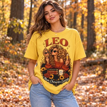 Leo Main Character Energy Women's T-Shirt – Dark in Daisy, model outdoors in an autumn woodland park