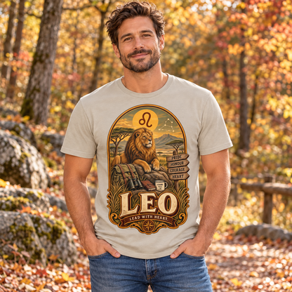 Leo Lead with Heart Men's T-Shirt in Sand, model outdoors in an autumn woodland park