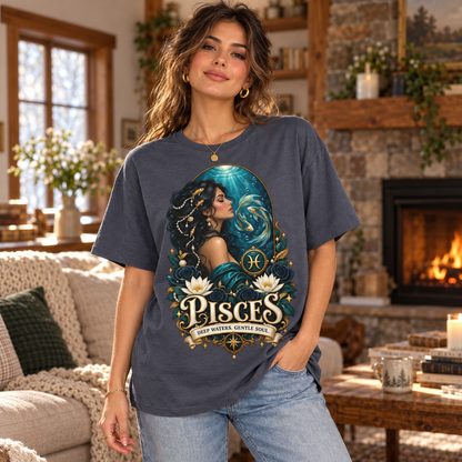 Pisces Deep Waters Gentle Soul Women's T-Shirt – Dark in Dark Heather, model inside a cosy cottage living room